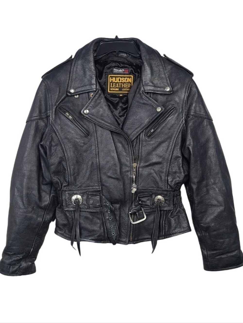 Vtg 70s Hudson Leather Motorcycle Jacket Womens M Asymmetrical Belted Tassels